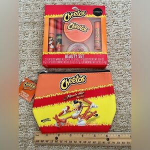Cheetos 5 Piece Beauty Set w/ Lip Gloss and Balm & Flamin Hot Makeup Bag Pouch